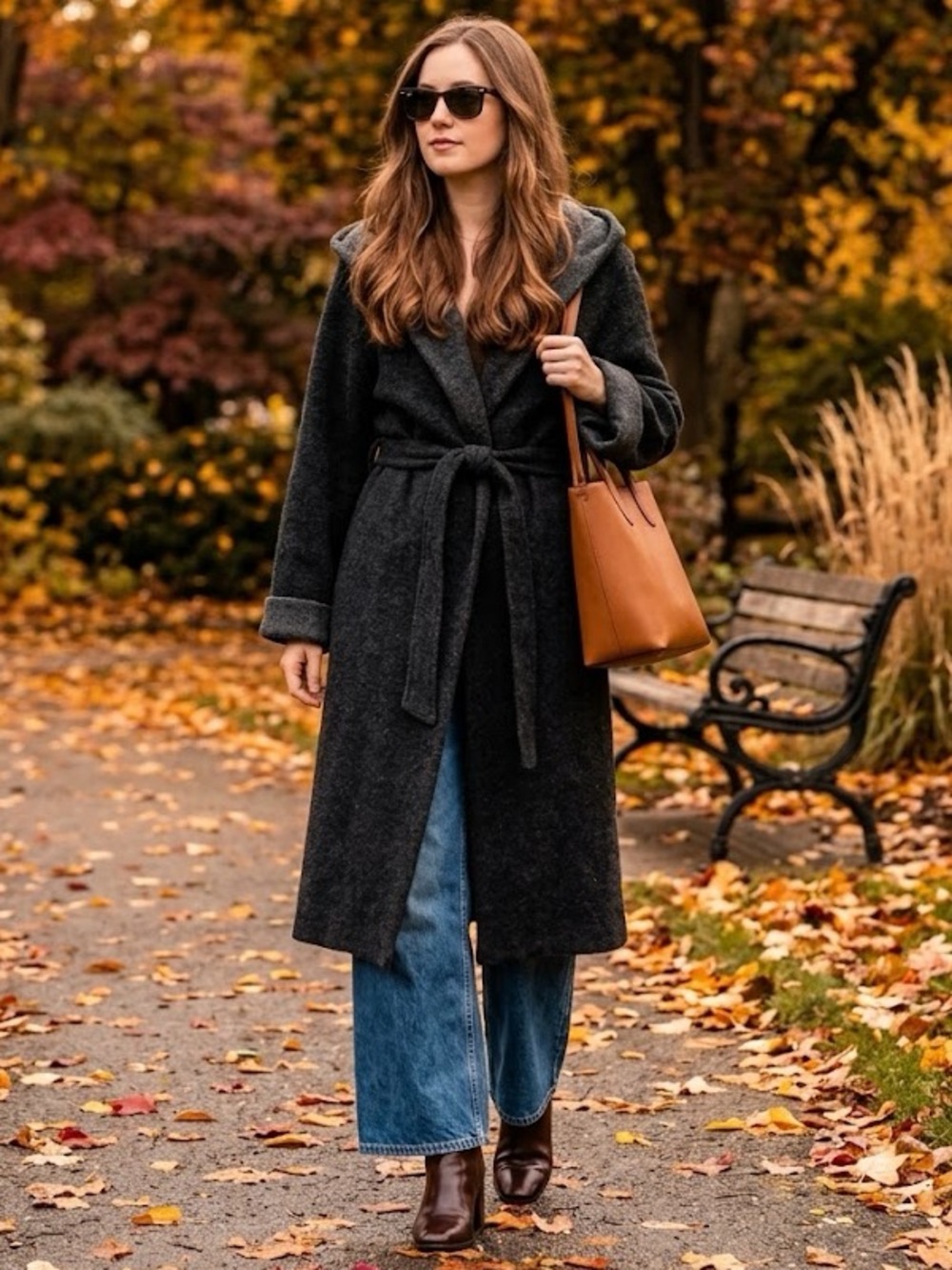 Nordic Design Hooded Belted Cardigan Midi Length Dark Gray Charcoal Size L